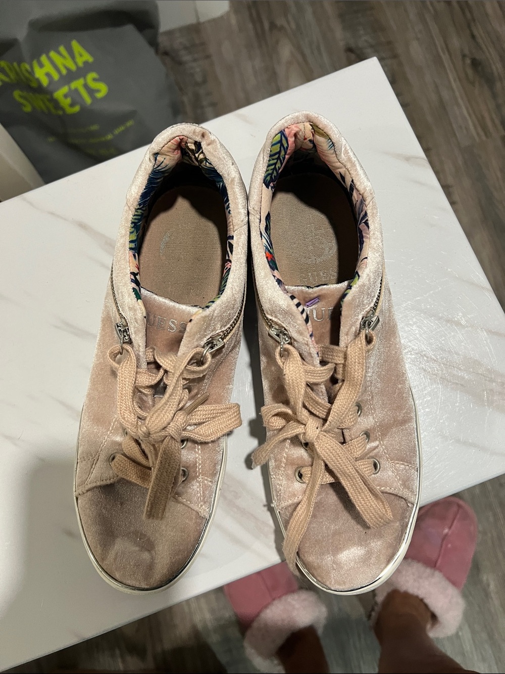 Guess Velvet Lace-Up Sneakers in Blush